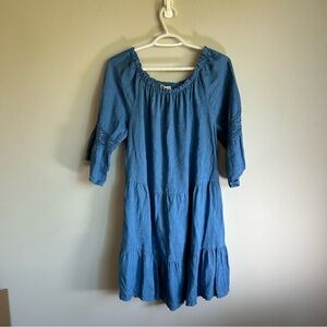 Blue Linen  Off Shoulder Tiered Dress M crochet accent Boho Chambray Mini